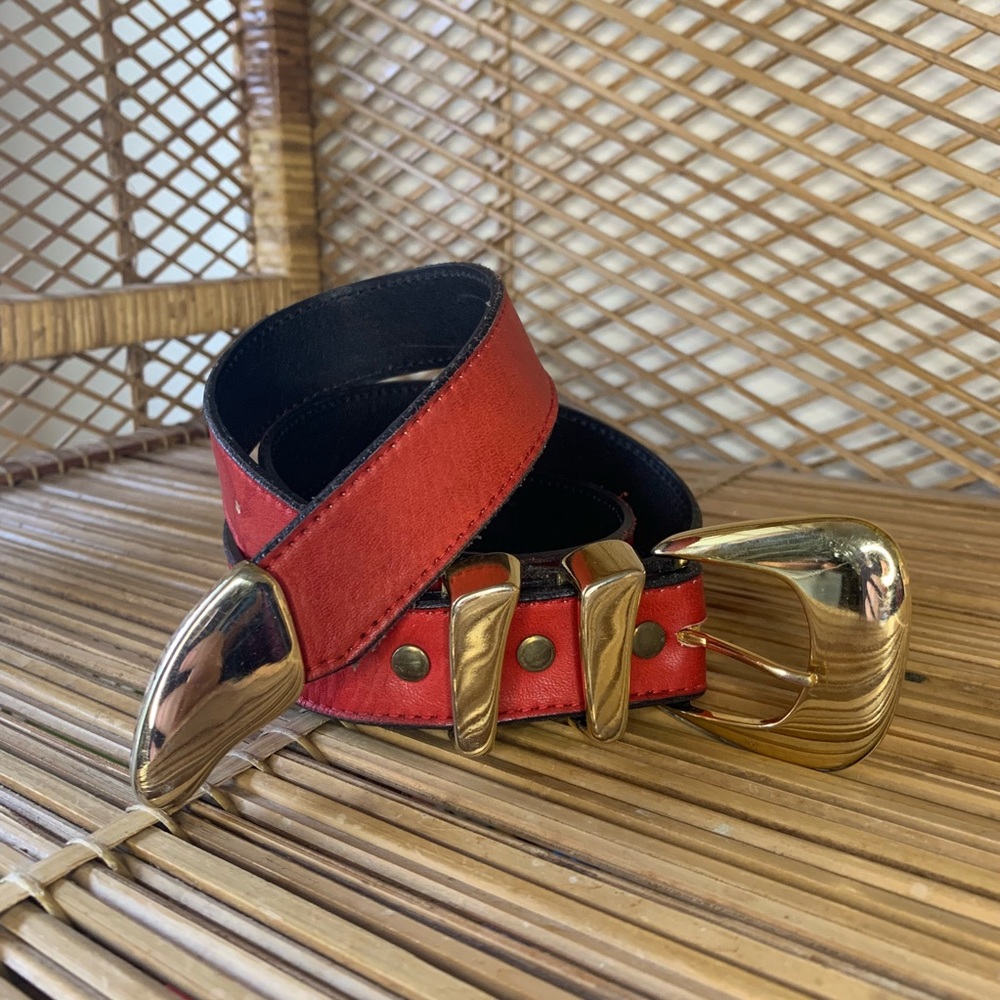 VTG Leatherock red leather belt w brass hardware